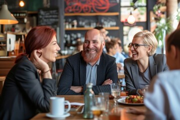 Smiling mature man sitting in a restaurant with his friends looking at the camera