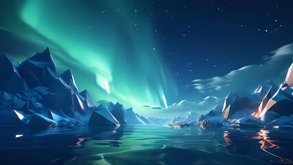 aurora scenery in the middle of the sea,mountain,north pole,ice,snow,nature,Generative AI