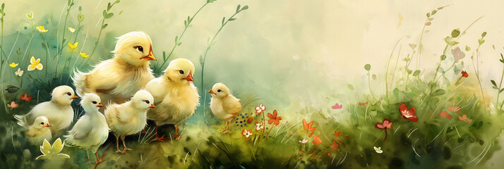 A heartwarming digital art print of a mother hen with her chicks among flowers and grass