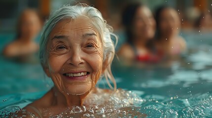 Elderly woman in pink swimsuit enjoying pool party with friends