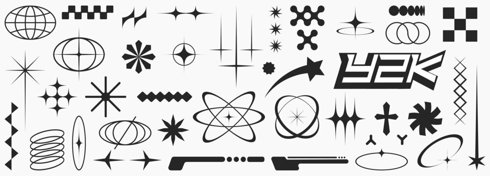 Retro futuristic elements for design. Collection of abstract graphic geometric symbols and shapes in y2k style. Templates for posters, banners, stickers, business cards