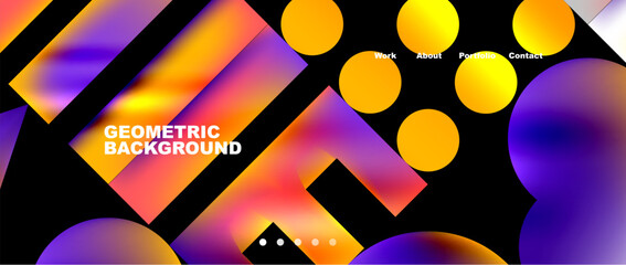 Vibrant geometric shapes in shades of orange and electric blue create a colorful pattern on a black background, with circles, squares, and triangles forming an eyecatching design