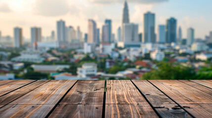 Wooden board with a city in the background, created with Generative Ai technology