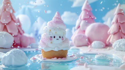 winter kawai 3D background cute, pastel colors