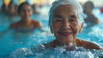 Fototapeta premium Vibrant senior woman embodying the spirit of summer at the pool