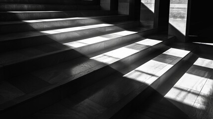 Abstract composition of intersecting shadows cast by architectural elements, creating intriguing patterns of light and dark in a monochromatic palette.