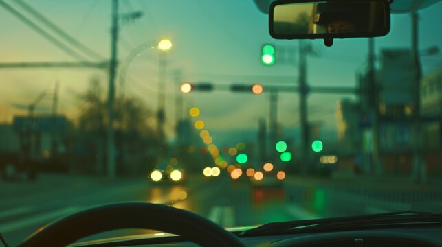 A driver's perspective of a green traffic light ahead, signaling permission to proceed through an intersection.