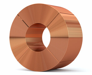 Copper wire coil on a white background. Bobbin of copper pipes. Shiny colored metal. Metal product. 3d illustration