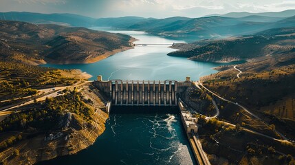 An aerial view of a massive hydroelectric dam spanning a vast river valley, harnessing the power of water for clean energy production and water resource management in a sustainable manner.