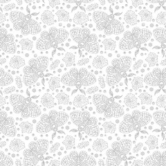 A seamless pattern with dark contour moths and orchid flowers, on a white background