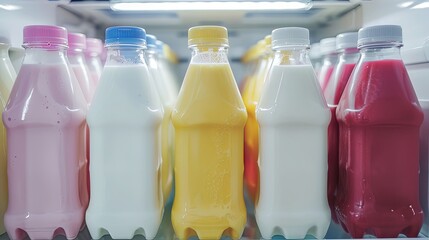 An assortment of flavored milk cartons arranged in a refrigerator, featuring tangy yogurt milk, sweetened condensed milk, and classic plain milk, ready to be enjoyed chilled.