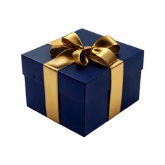 Midnight blue gift box with a gold bow on a transparent background, PNG format