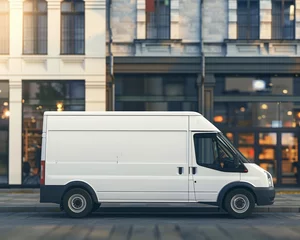 Fotobehang Realistic mockup of a delivery van with a blank side panel parked in an urban setting © reels