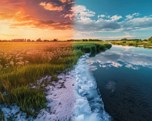 Fotobehang Split-view image capturing a vibrant summer field and a calm icy river © reels