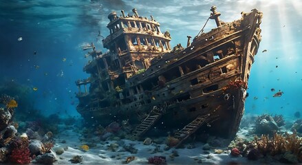 Illustration of an old ship that sank under the sea with coral reefs that have grown on the ship, made with ai generative