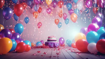 Fotobehang Vibrant birthday setting with a blur of balloons and party decorations in the background, emphasizing celebration © reels