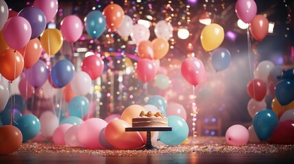 Vibrant birthday setting with a blur of balloons and party decorations in the background, emphasizing celebration - obrazy, fototapety, plakaty