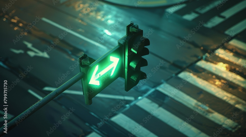 Poster a green arrow traffic signal allowing vehicles to turn left safely at an intersection, directing tra