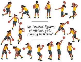 18 black girls playing women's basketball in yellow jersey standing with the ball, running, jumping, throwing, shooting, passing the ball