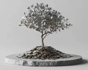 Fotobehang A 3D visualization of a tree growing from a pile of coins each coin representing incremental savings © reels