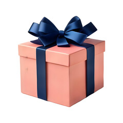 Salmon pink gift box with a dark blue bow on a transparent background, PNG format