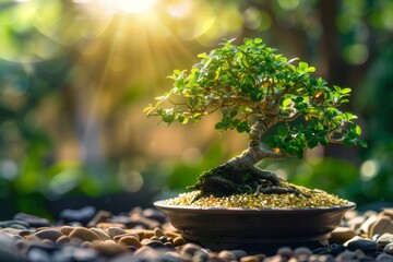 A bonsai tree with lush green leaves stands in a pot filled with gold nuggets. - Powered by Adobe