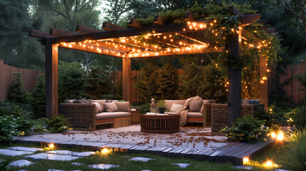 Twilight view of a cozy backyard patio with a pergola adorned with twinkling lights and comfortable seating.