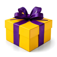 Sunflower yellow gift box with a purple bow on a transparent background, PNG format