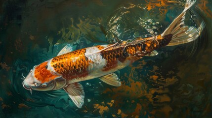 A mesmerizing close-up of a koi fish gracefully surfacing to catch a glimmer of sunlight, radiating beauty and grace.