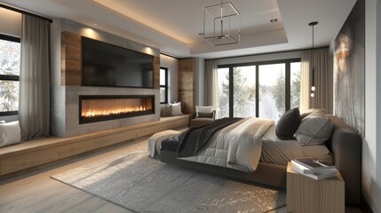 Fototapeta premium A modern master bedroom with a minimalist entertainment unit featuring a seethrough fireplace adding warmth and romance to the space. 2d flat cartoon.