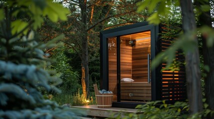 A serene outdoor sauna surrounded by nature the natural beauty and calming atmosphere contributing to overall wellness and improving digestive function..