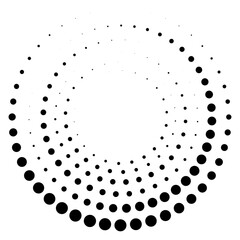 Grunge halftone dots in Circle Form . Spiral Vector Illustration .Textured round Logo . Design element . Abstract Geometric circular shapes .Rotating grunge radial line. Concentric circles
