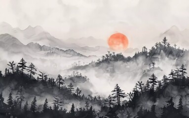Sunrise landscape with misty forest, distant mountains and sunrise sky. Sumi traditional oriental ink painting is very beautiful