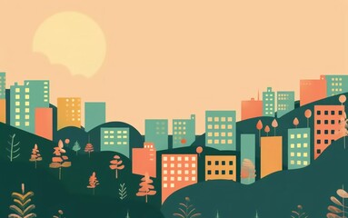 Vector illustration in simple minimal geometric flat style - city landscape with buildings, hills and trees - very beautiful abstract horizontal banner
