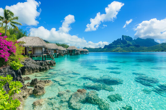 A peaceful and tranquil lagoon in Bora Bora, French Polynesia, with crystal-clear waters and overwater bungalows dotting the shoreline
