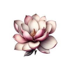 A pink and white magnolia flower with a green leaf on a white background.
