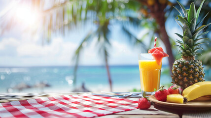 summer time holiday background, tropical beach island happy day bright sunshine, tropical fruits. Creative minimal summer idea