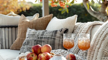 A cozy seating area with plush pillows and blankets perfect for sipping on a warm apple ciderinfused mocktail. - obrazy, fototapety, plakaty