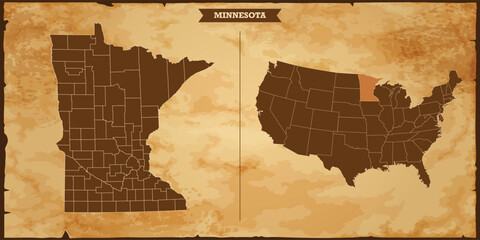 Minnesota state map, United States of America map with federal states in A vintage map based background, Political USA Map - obrazy, fototapety, plakaty
