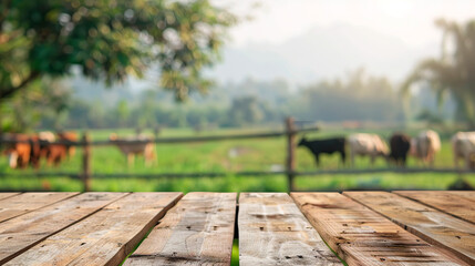 Wooden board with cows in the background created with Generative Ai technology