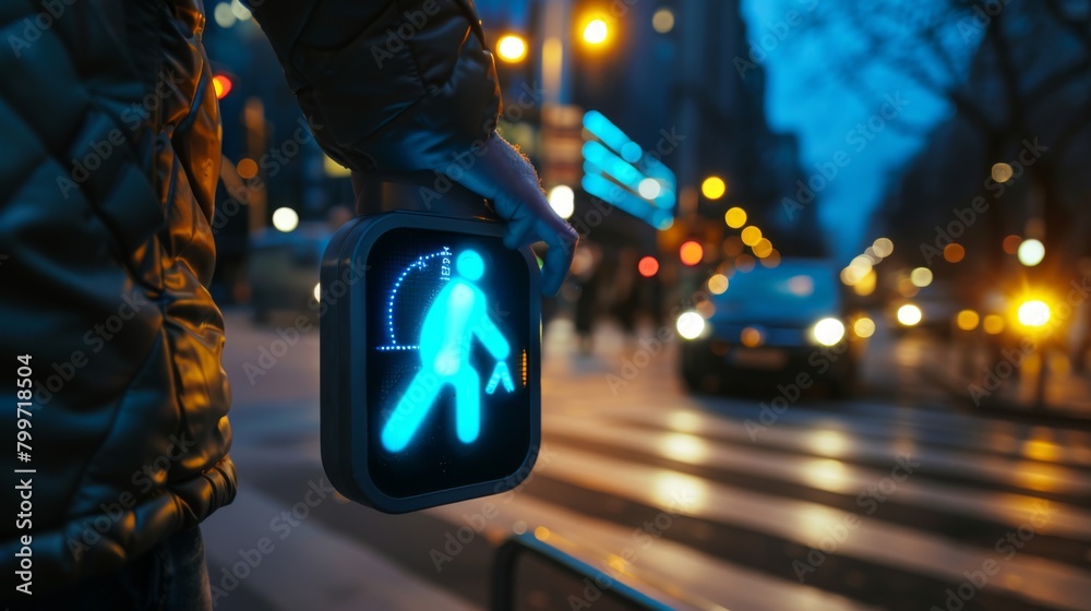 Poster a pedestrian pushing the button at a crosswalk signal, activating the pedestrian walk signal for saf