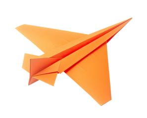 Orange paper origami airplane isolated on transparent background