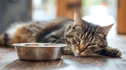 Close-up of a pampered cat lounging contentedly next to an empty bowl of wet food, its appetite satiated and its belly full.