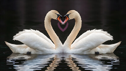 A mesmerizing illustration of a swan couple, their delicate beaks meeting in a tender kiss that forms a heart shape. Generative AI
