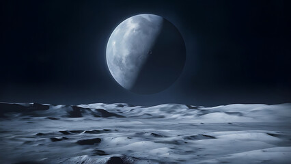 A tranquil digital illustration of the moon's surface, bathed in a soft, silvery moonlight. Generative AI