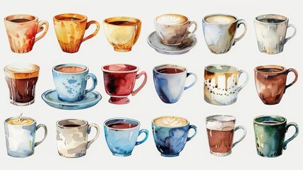 Create a set of watercolor clipart featuring various types of coffee mugs perfect for cafe menu designs or coffee shop promotions