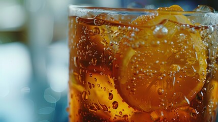 Close-up of a refreshing glass of iced tea with condensation dripping down the sides, beckoning thirsty onlookers to take a sip and cool off.
