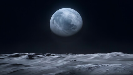 A tranquil digital illustration of the moon's surface, bathed in a soft, silvery moonlight. Generative AI