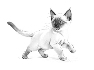 Black and white sketch of a Siamese kitten It is playful and runs around with large ears and a fluffy tail that lifts up into its mouth like it is shouting playfully. - obrazy, fototapety, plakaty