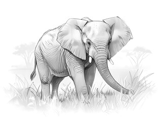 Black and white sketch of an African elephant standing in tall grass. Elephants have large ears and a long trunk. The back is slightly curved. Behind there is a big tree.